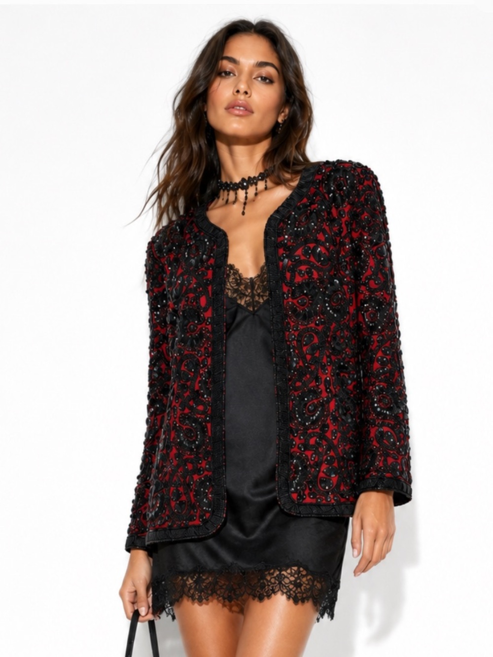 VINTAGE 90's NITELINE Dark Romantic Beaded Open-Front Red and Black Jacket